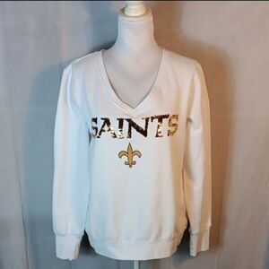 NFL White Saints V-Neck Sweatshirt with Gold Flip Sequin Accents